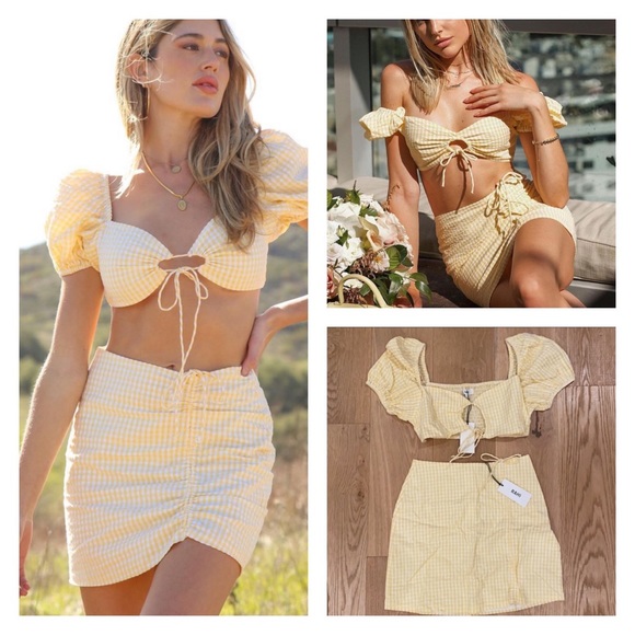 RAHI Tops - RAHI Kiley Gingham Check Mini Skirt & Crop Top Set Yellow White Size S